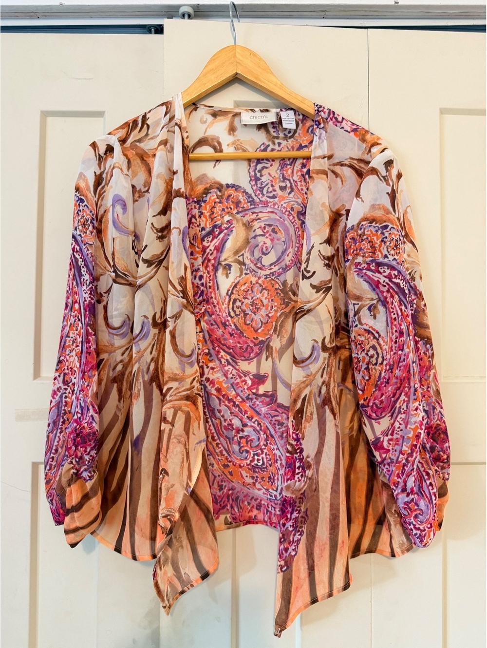 Chico’s pink purple orange sheer open front cardigan, vibrant paisley 12 Large